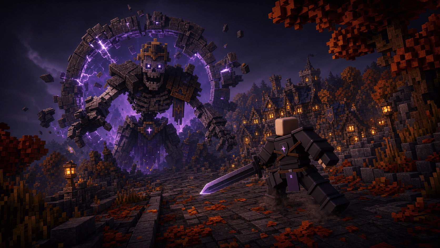 A Voidbound warrior faces a colossal skeletal gatekeeper outside the village